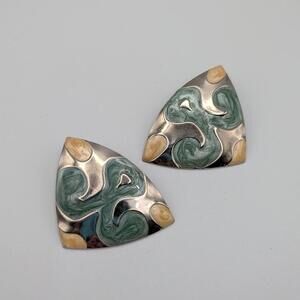 Vintage Triangular Silver Tone Earrings with Green and Gold Accents